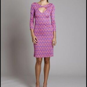 Jules Reid Silk Dress Size Small Pink Logo Print 3/4 Sleeve Keyhole Neck Above K